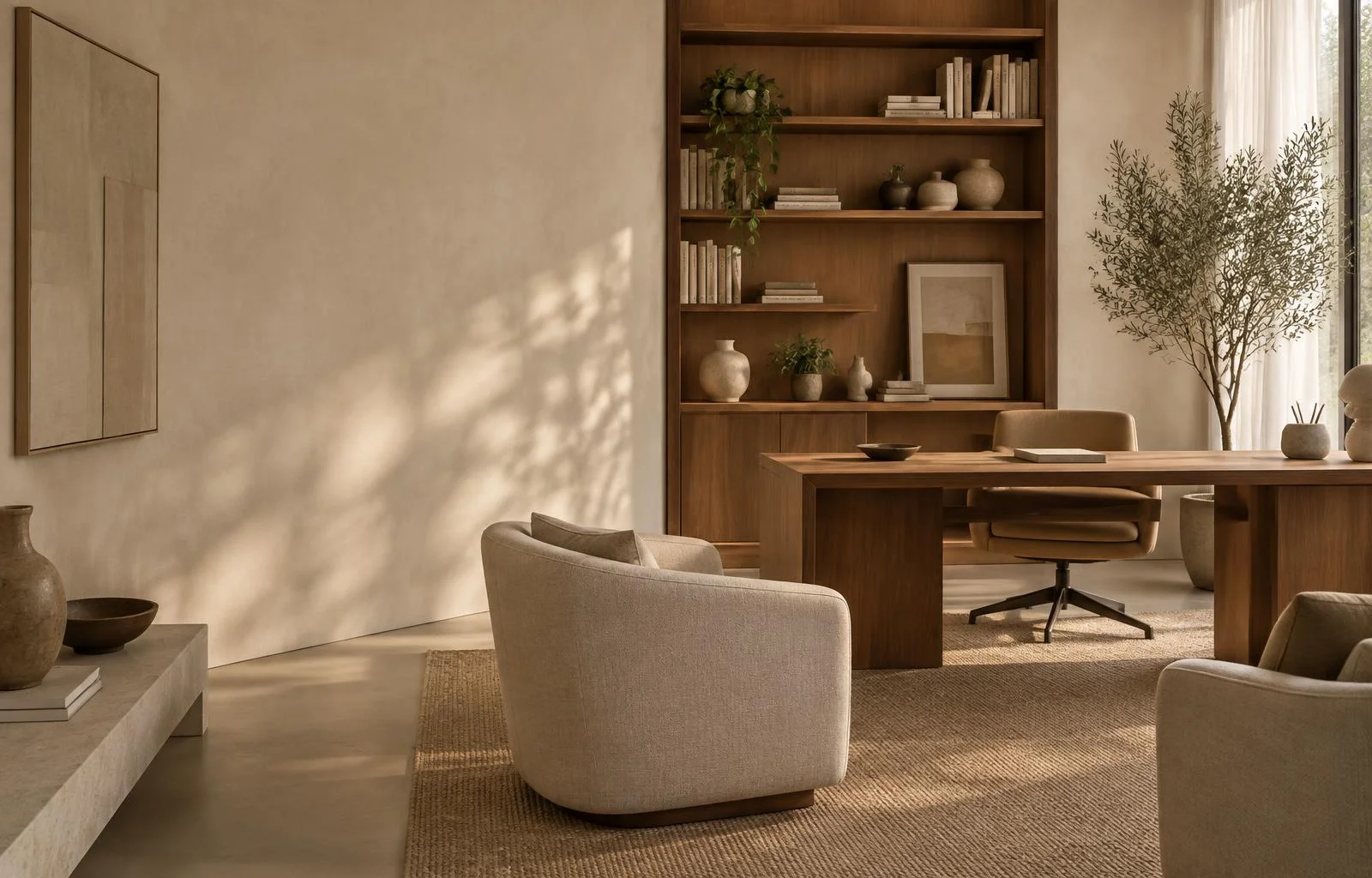 Ambiente ilustrativo com luz natural, poltronas e estante de madeira
